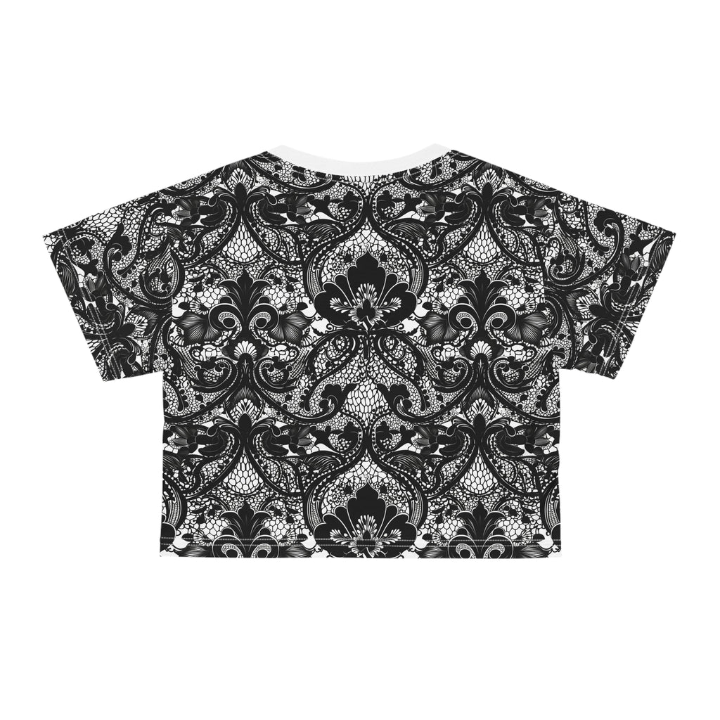 Lace Damask Crop Tee — Black Vintage Floral Pattern