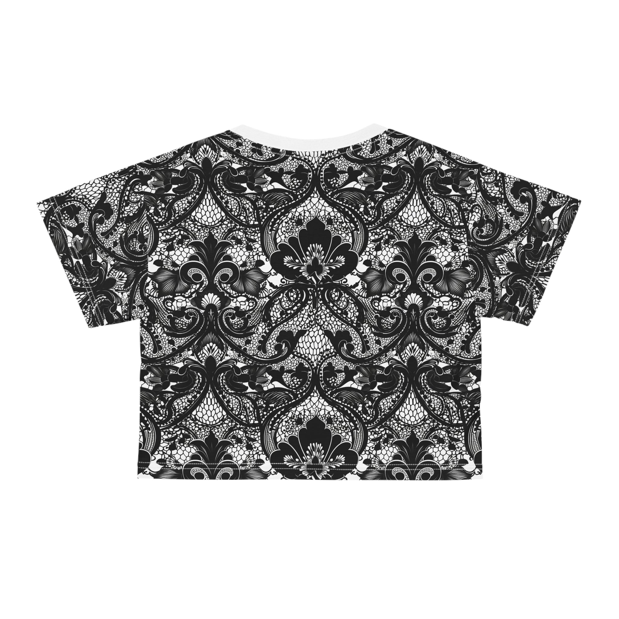 Lace Damask Crop Tee — Black Vintage Floral Pattern