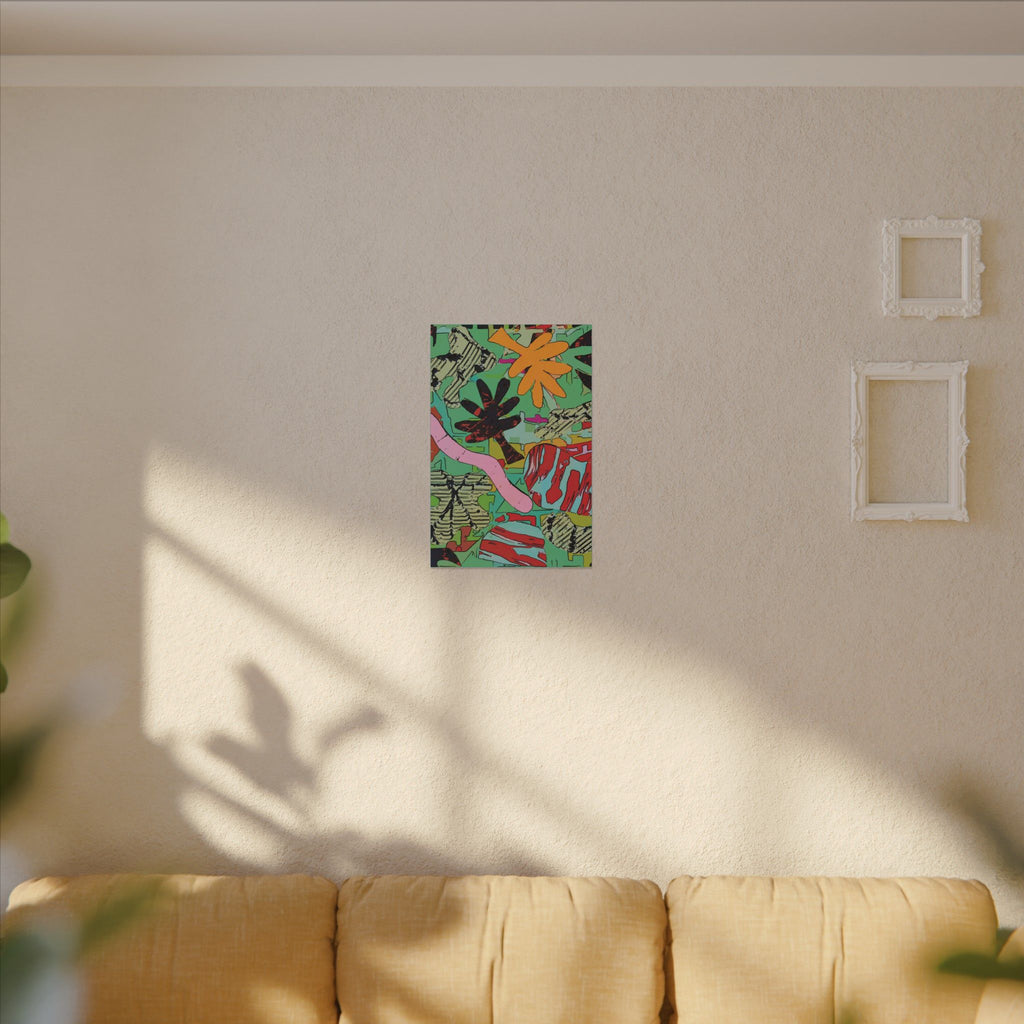 Square colorful botanical abstract canvas print on wall, featuring green, pink, and orange motifs