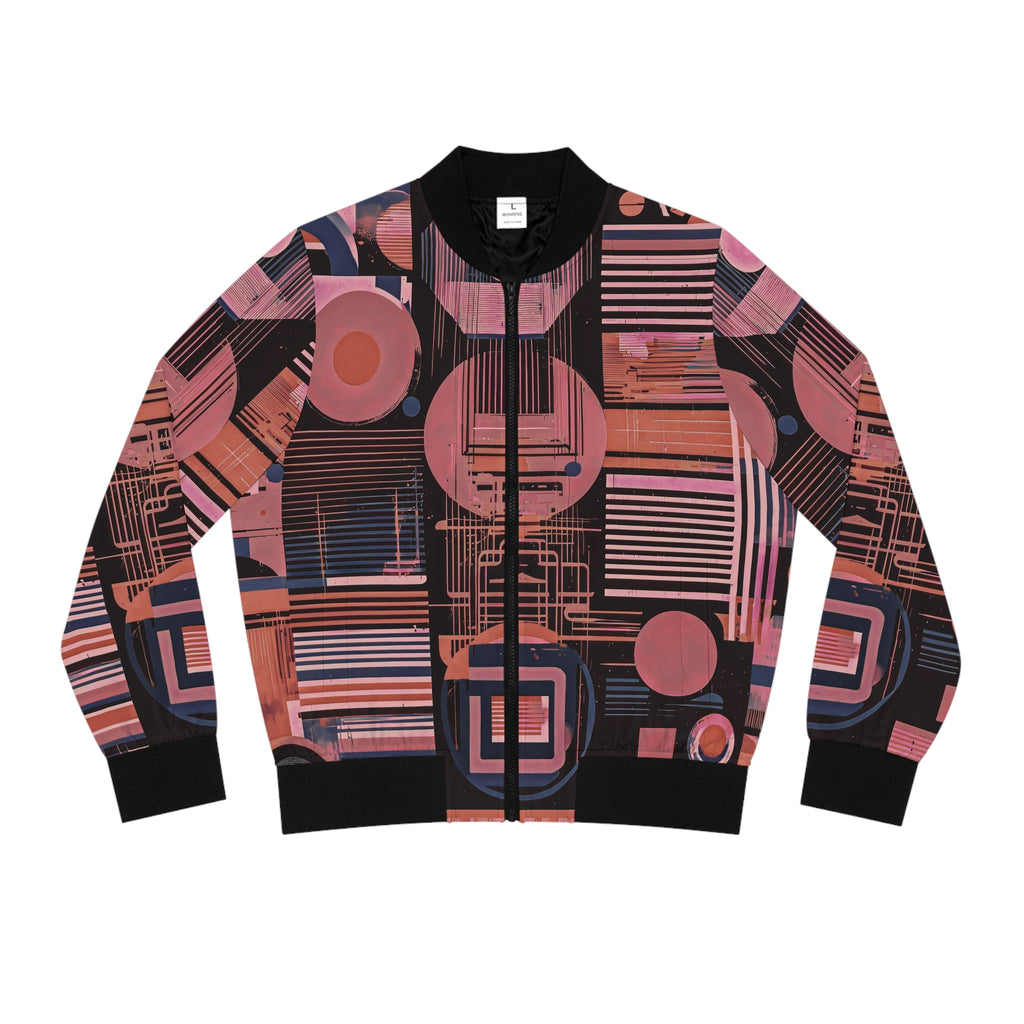 Retro Geometric Bomber Jacket — Pink & Navy Abstract AOP