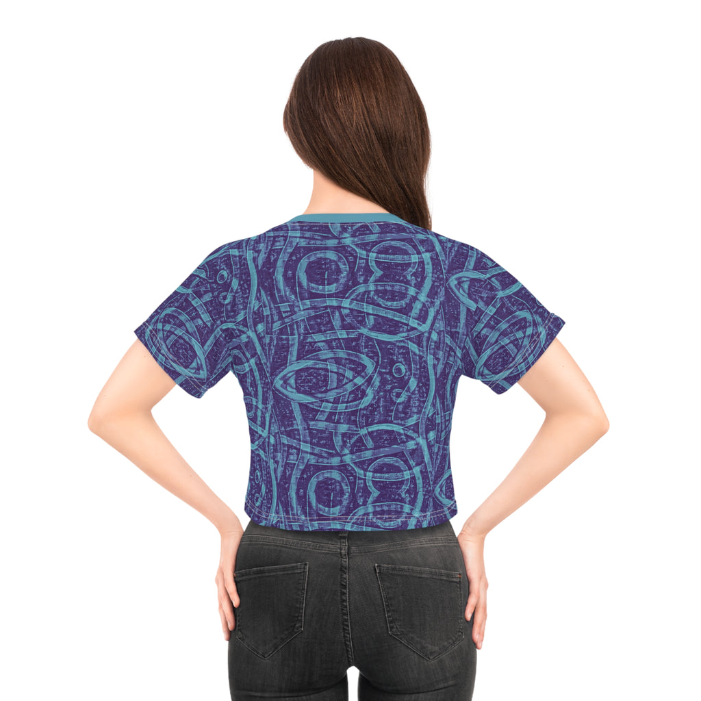 Indigo geometric print crop T-shirt back view, crew neck and short sleeves