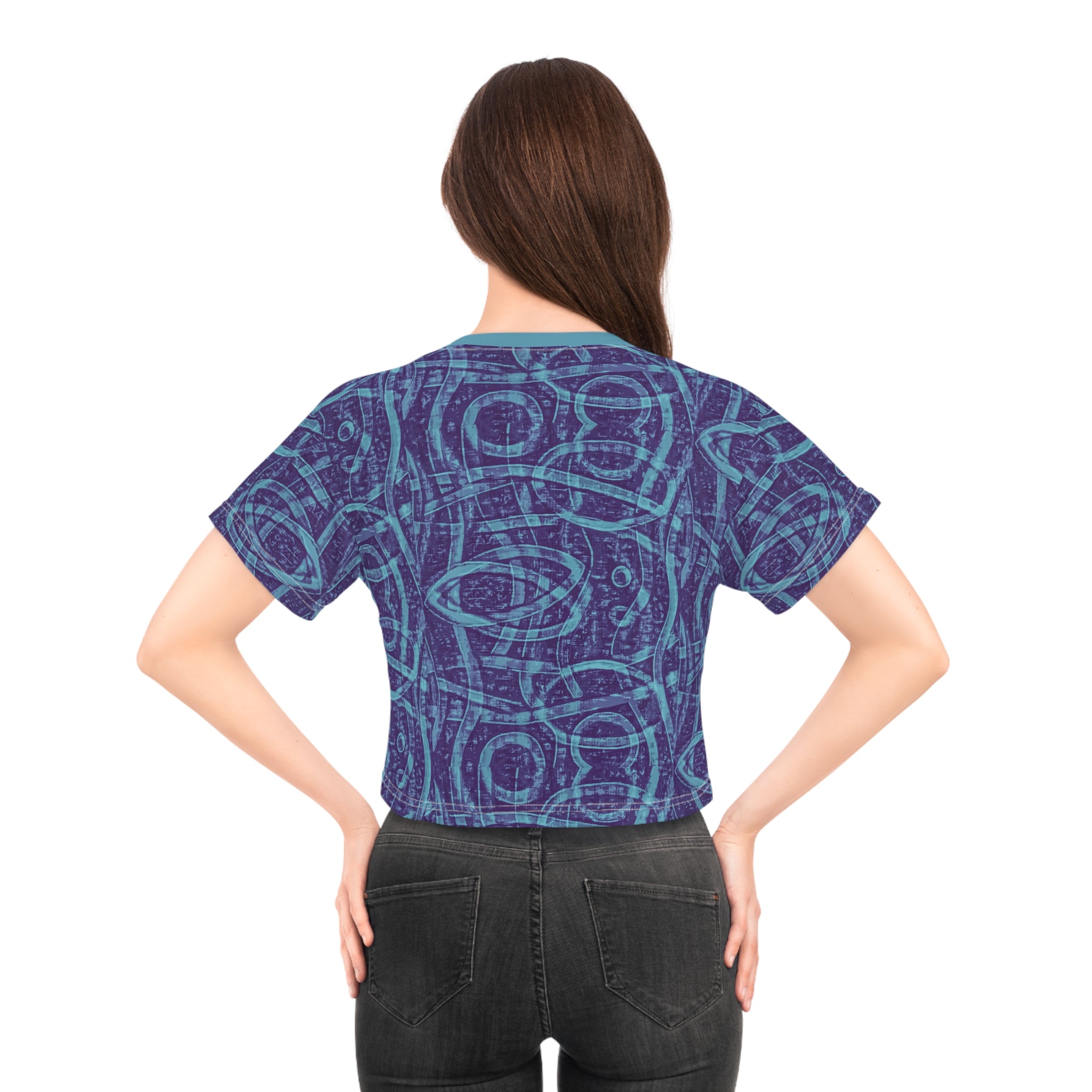 Indigo geometric print crop T-shirt back view, crew neck and short sleeves