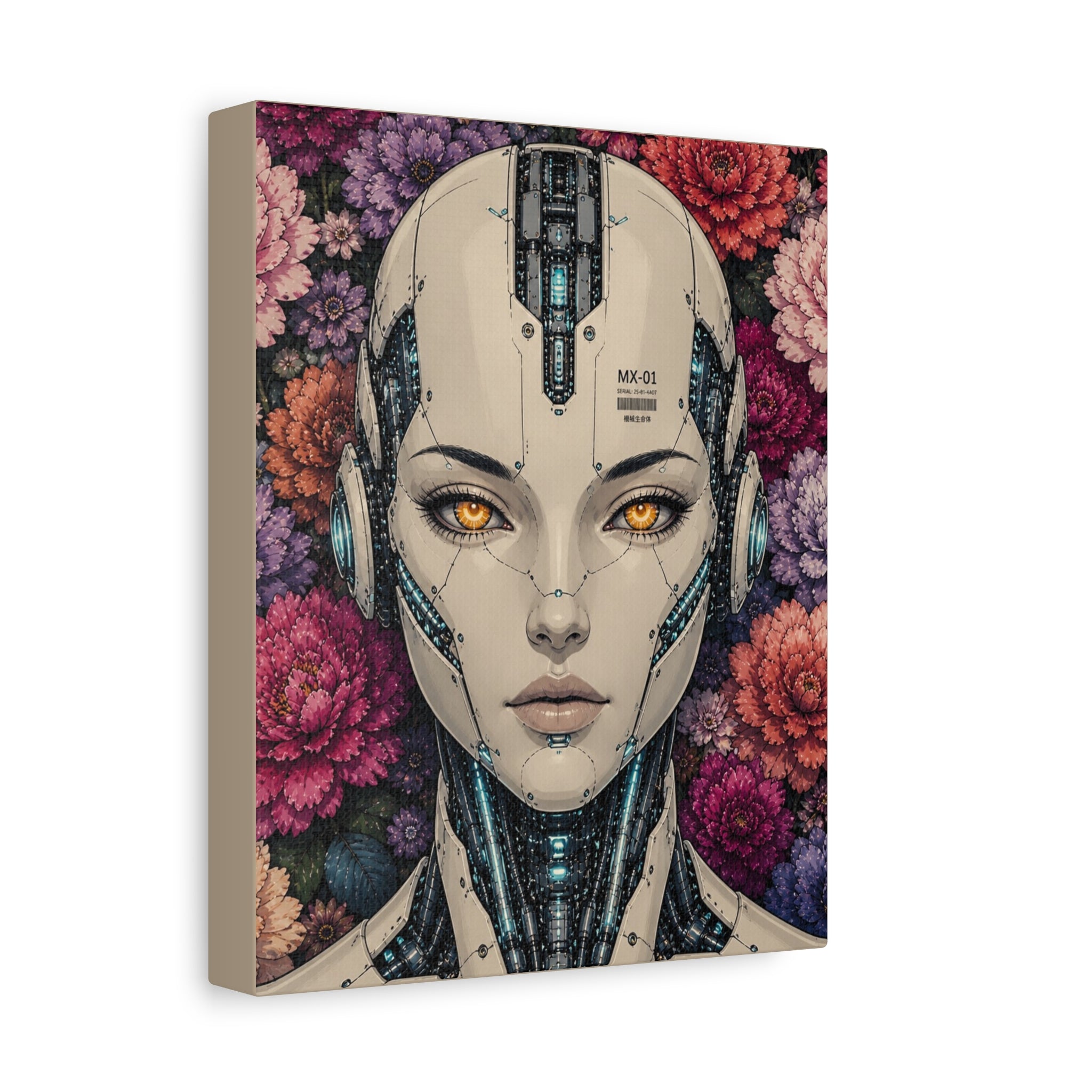 Square canvas print of a female android portrait with MX-01 panel on forehead and floral backdrop.