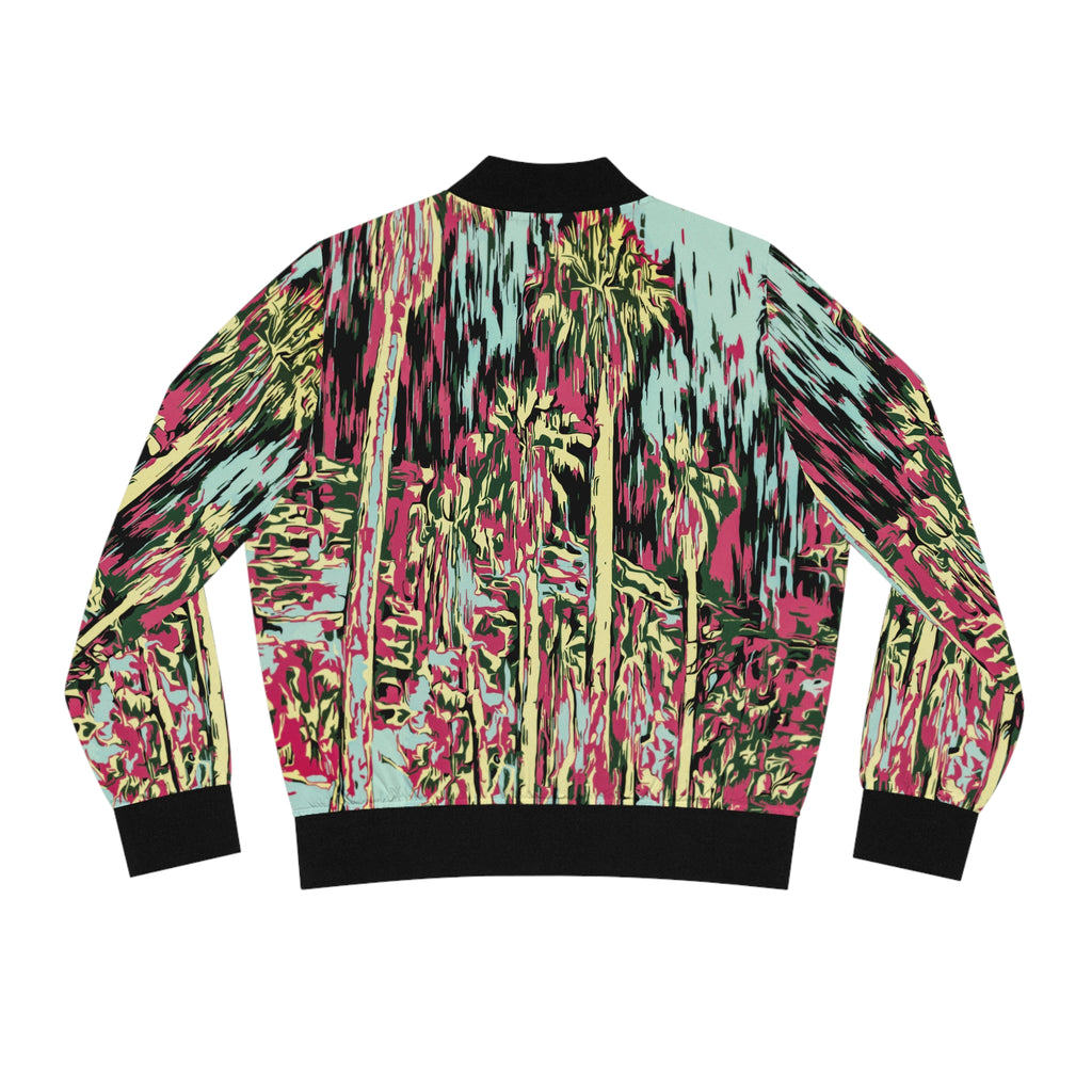 Abstract Palm Print Bomber Jacket — Pink Teal All-Over Women’s Outerwear