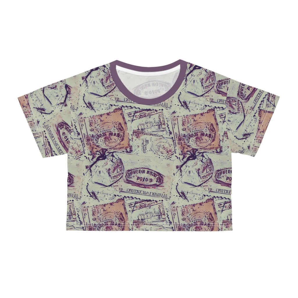 Vintage Stamp Pattern Crop Tee — Retro Postal All-Over-Print Top
