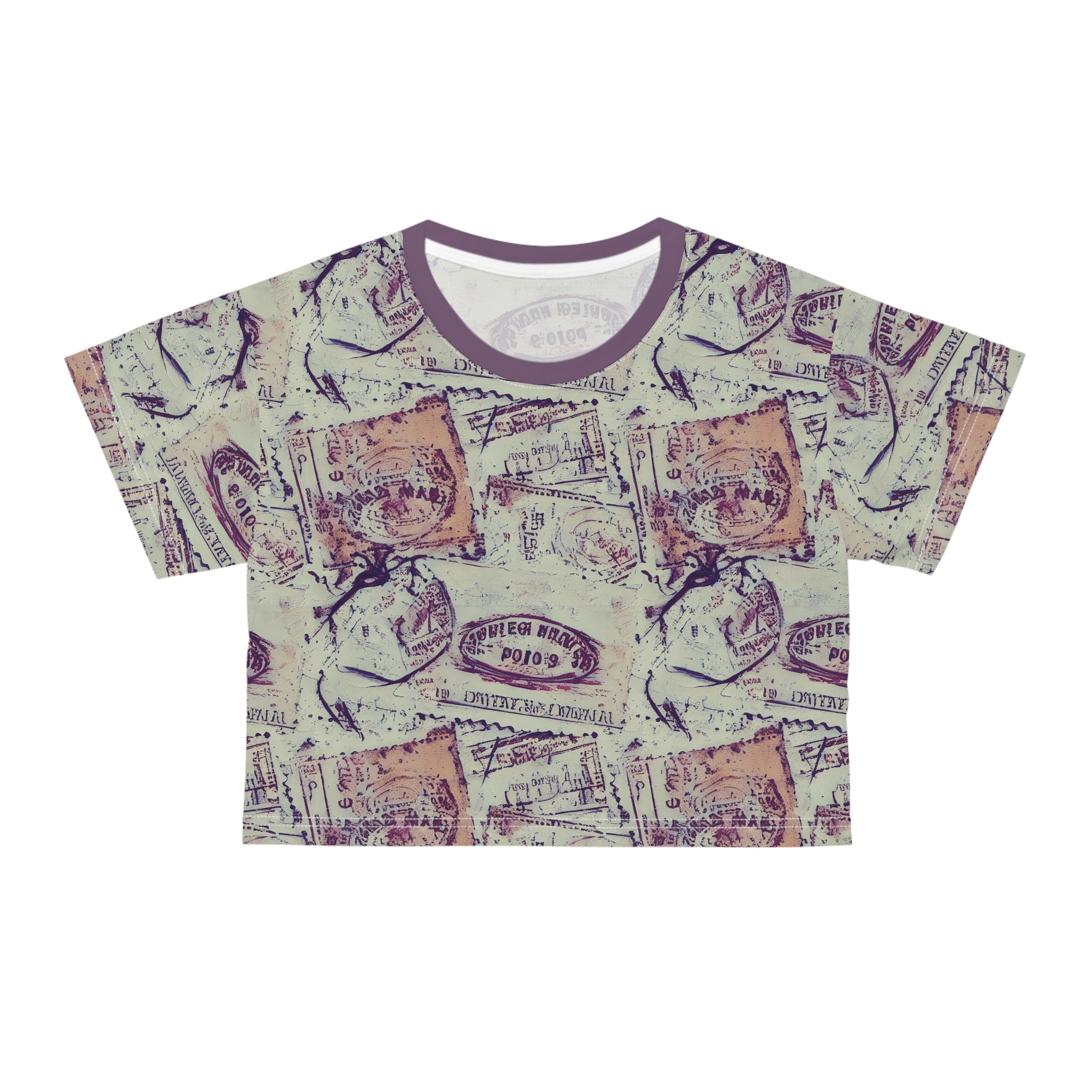 Vintage Stamp Pattern Crop Tee — Retro Postal All-Over-Print Top