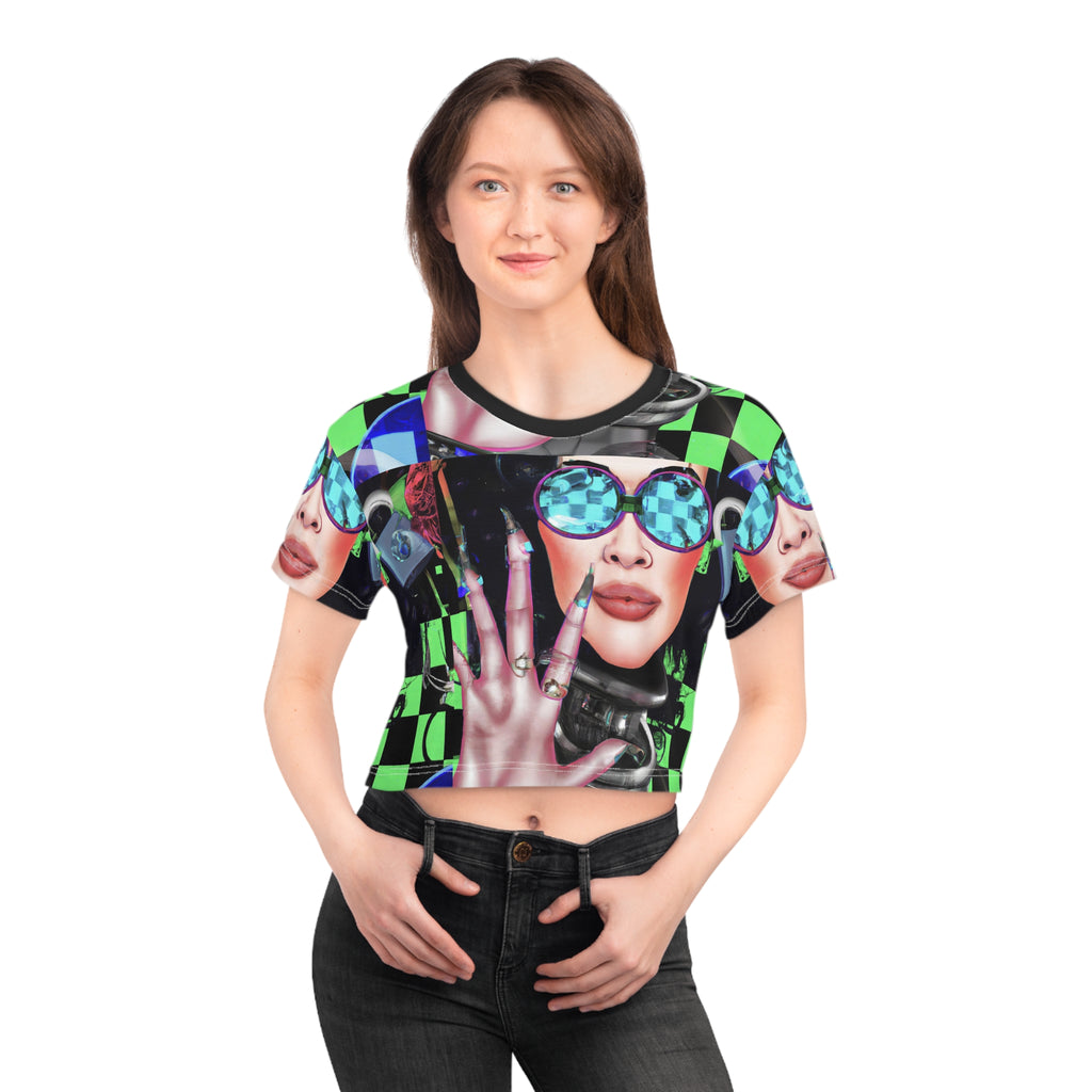 Futuristic Neon Checkerboard Crop Tee — Retro Cyber Sunglasses Graphic