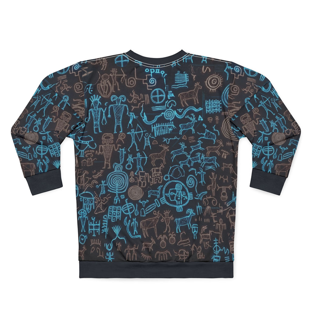 Petroglyph Pattern Sweatshirt — Blue Tribal Rock Art All-Over Print