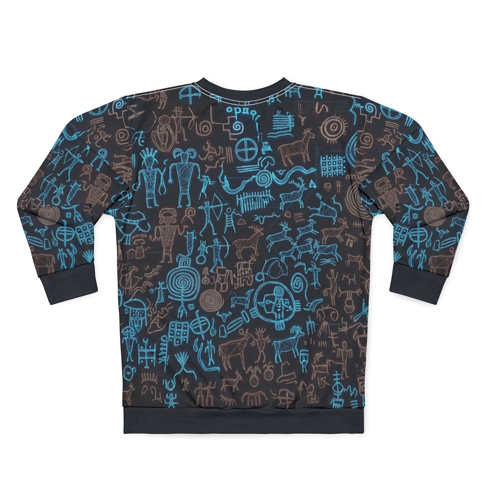 Petroglyph Pattern Sweatshirt — Blue Tribal Rock Art All-Over Print