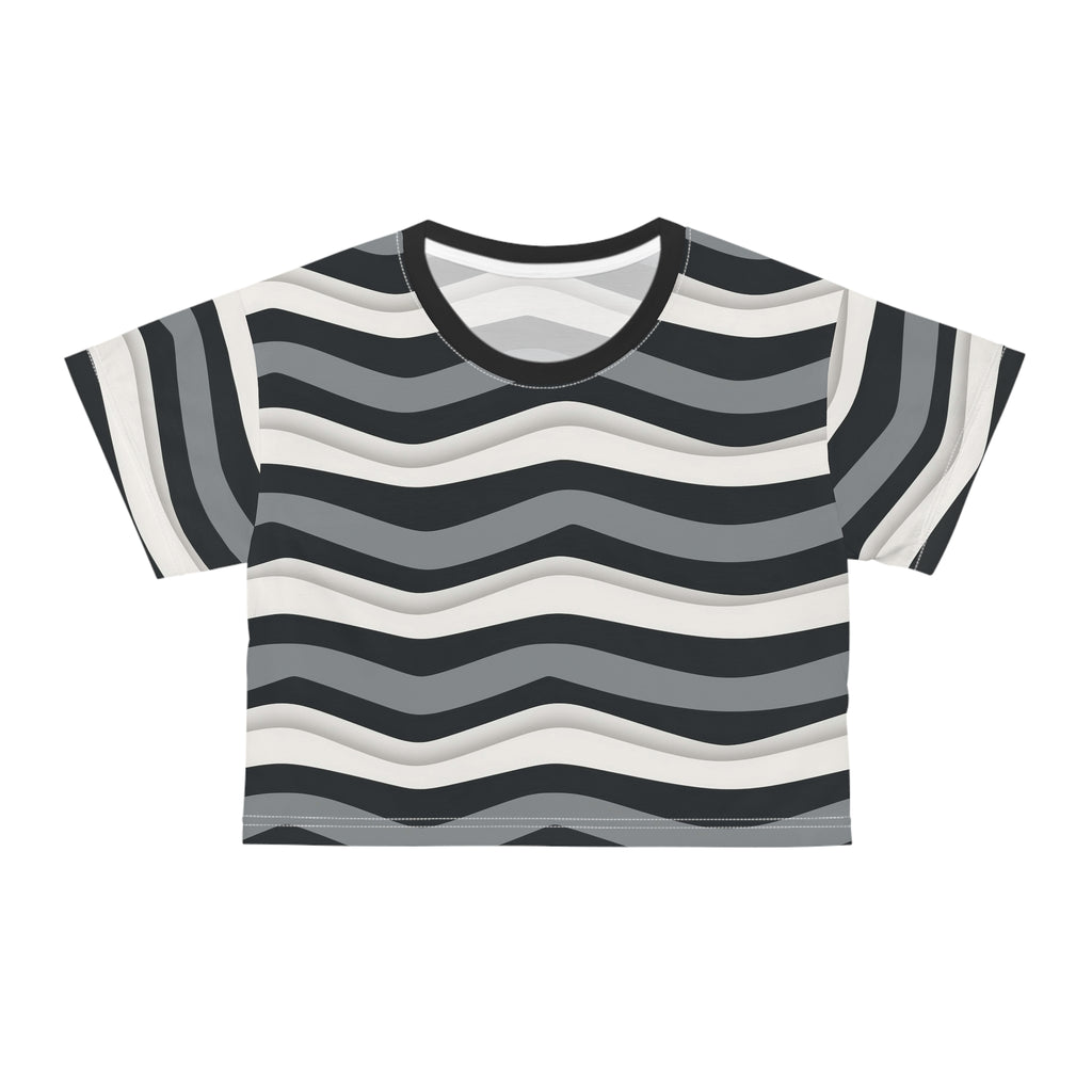 Wavy Stripes Crop Tee — Monochrome Retro Surf Pattern