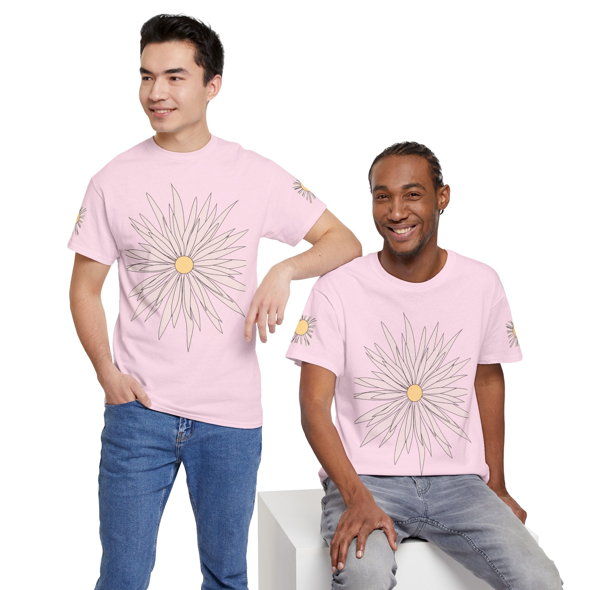 Light pink graphic tee with daisy flower front print on two models