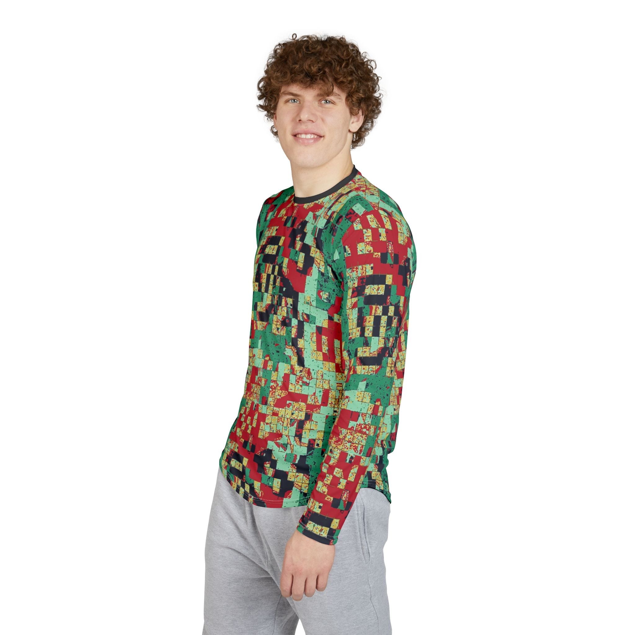 Men's long-sleeve shirt, side view, green pixel mosaic print with red and yellow squares.