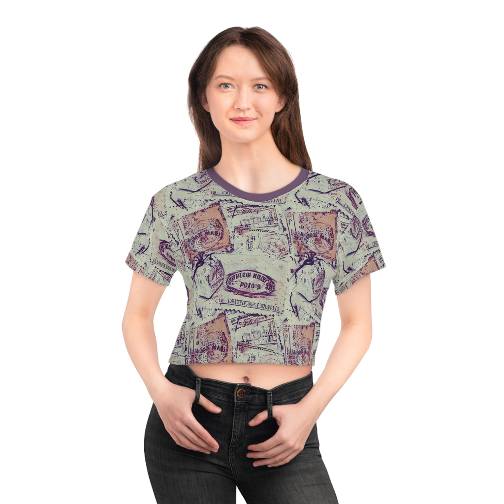Vintage Stamp Pattern Crop Tee — Retro Postal All-Over-Print Top