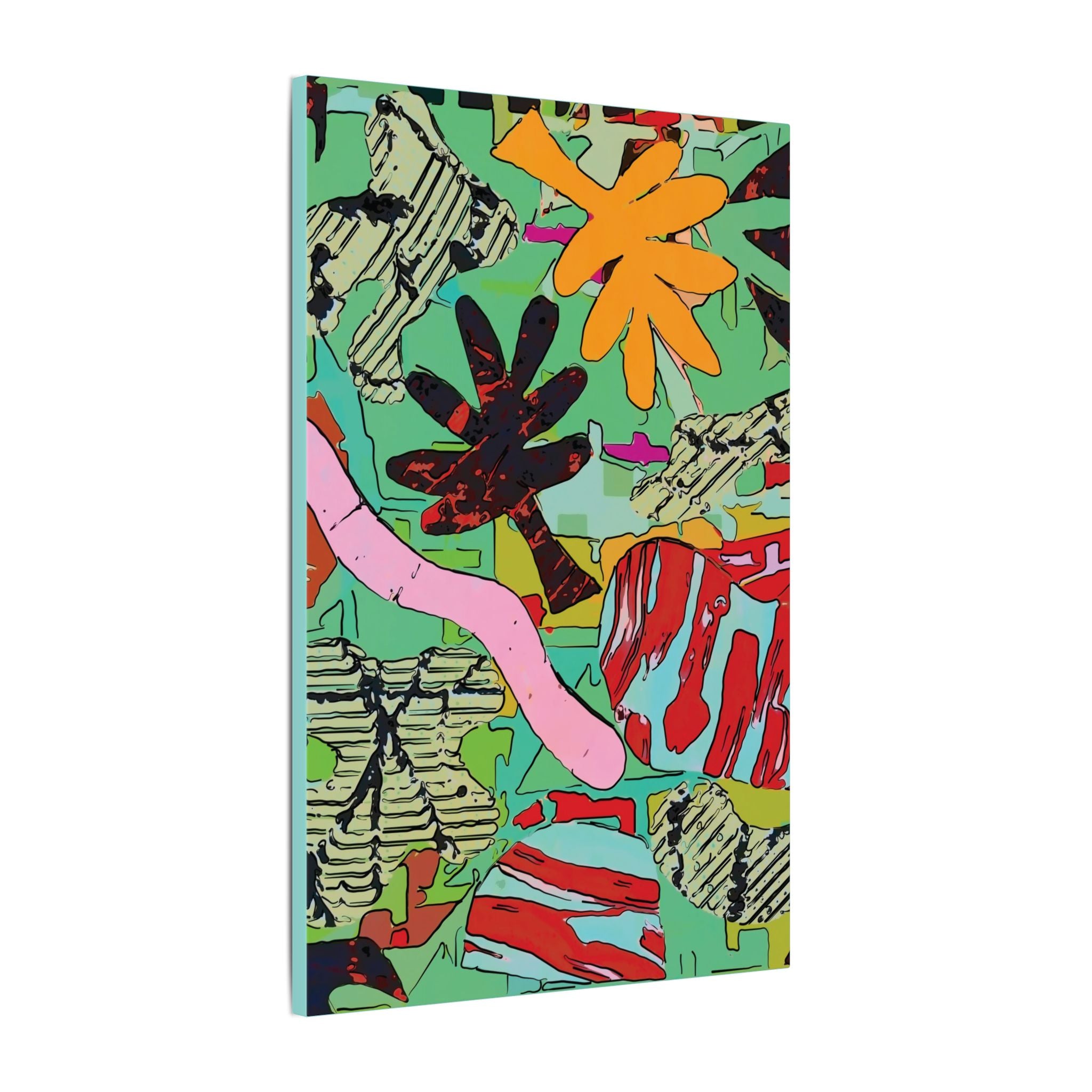Square botanical abstract canvas print with orange flower, red splashes, and green patterned areas