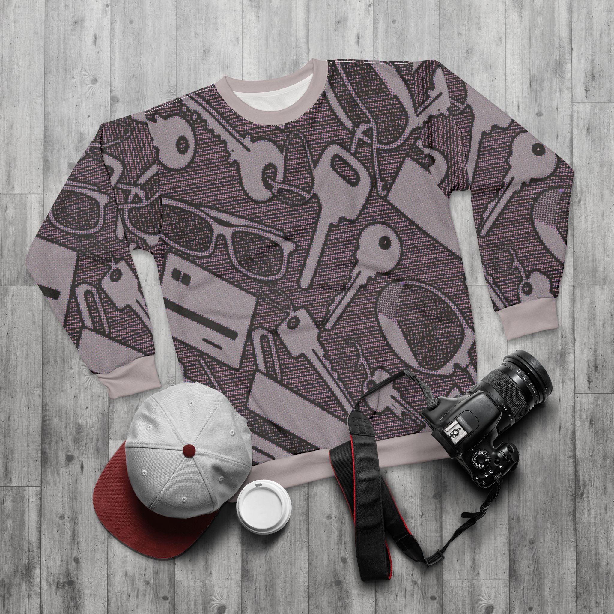 Keys & Glasses Pattern Sweatshirt — All-Over Print Casual Pullover