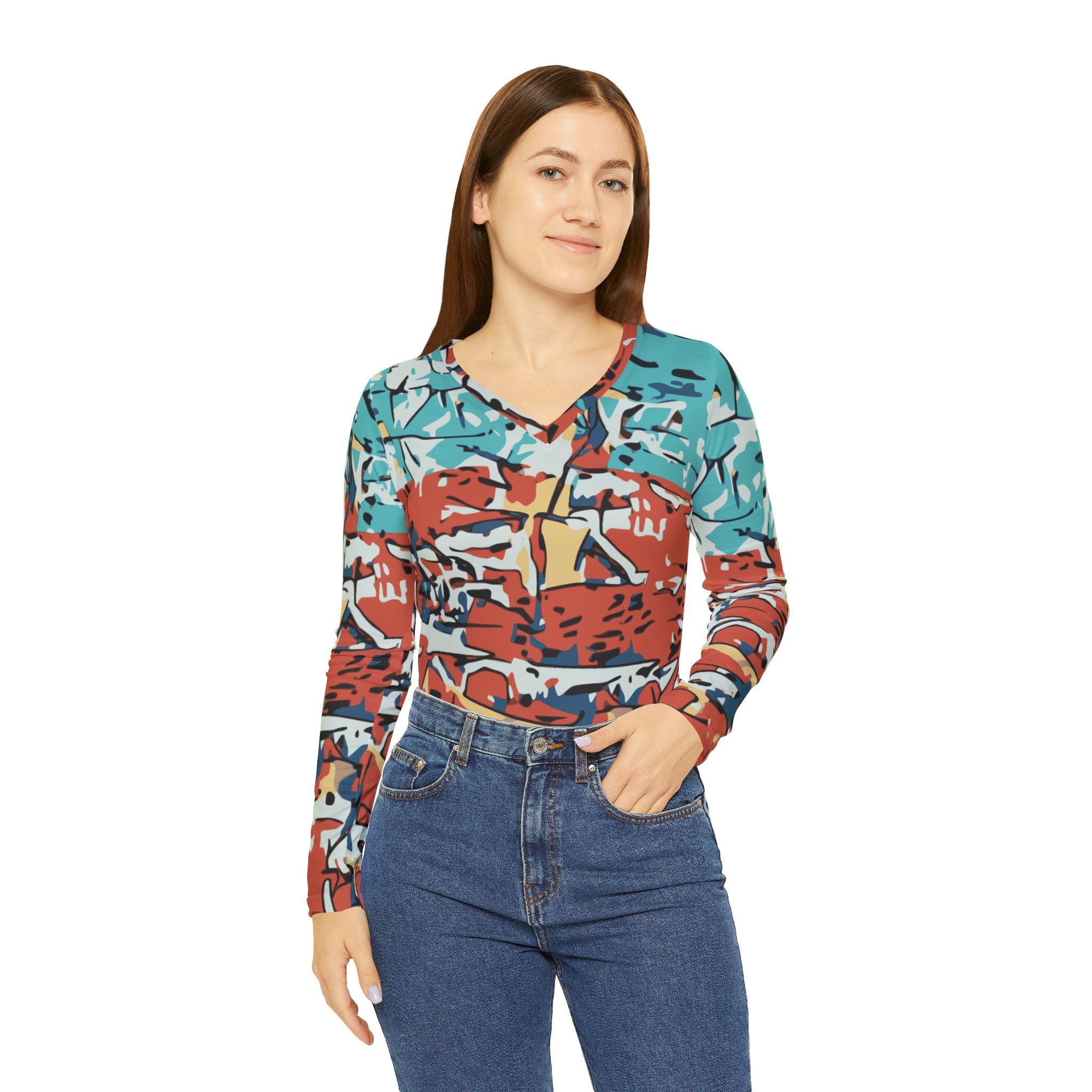 Women’s V-neck long-sleeve abstract coastal print top with teal and red all-over design