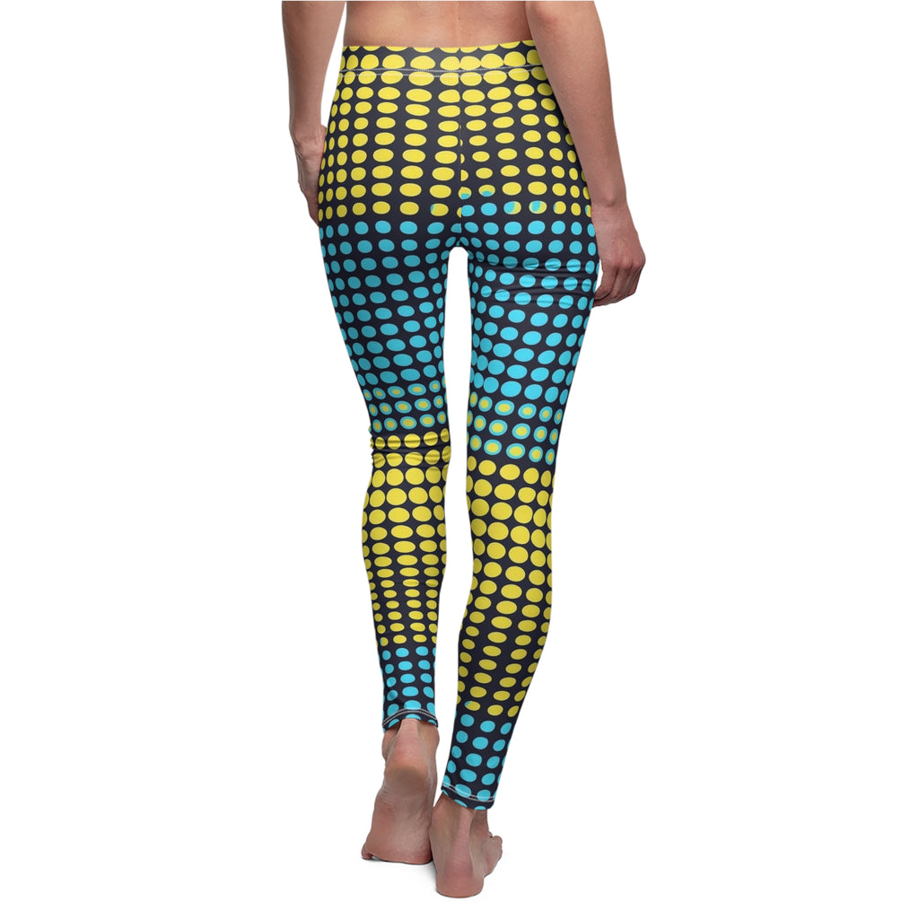Women’s leggings with yellow and teal retro dot print, full-length fitted look