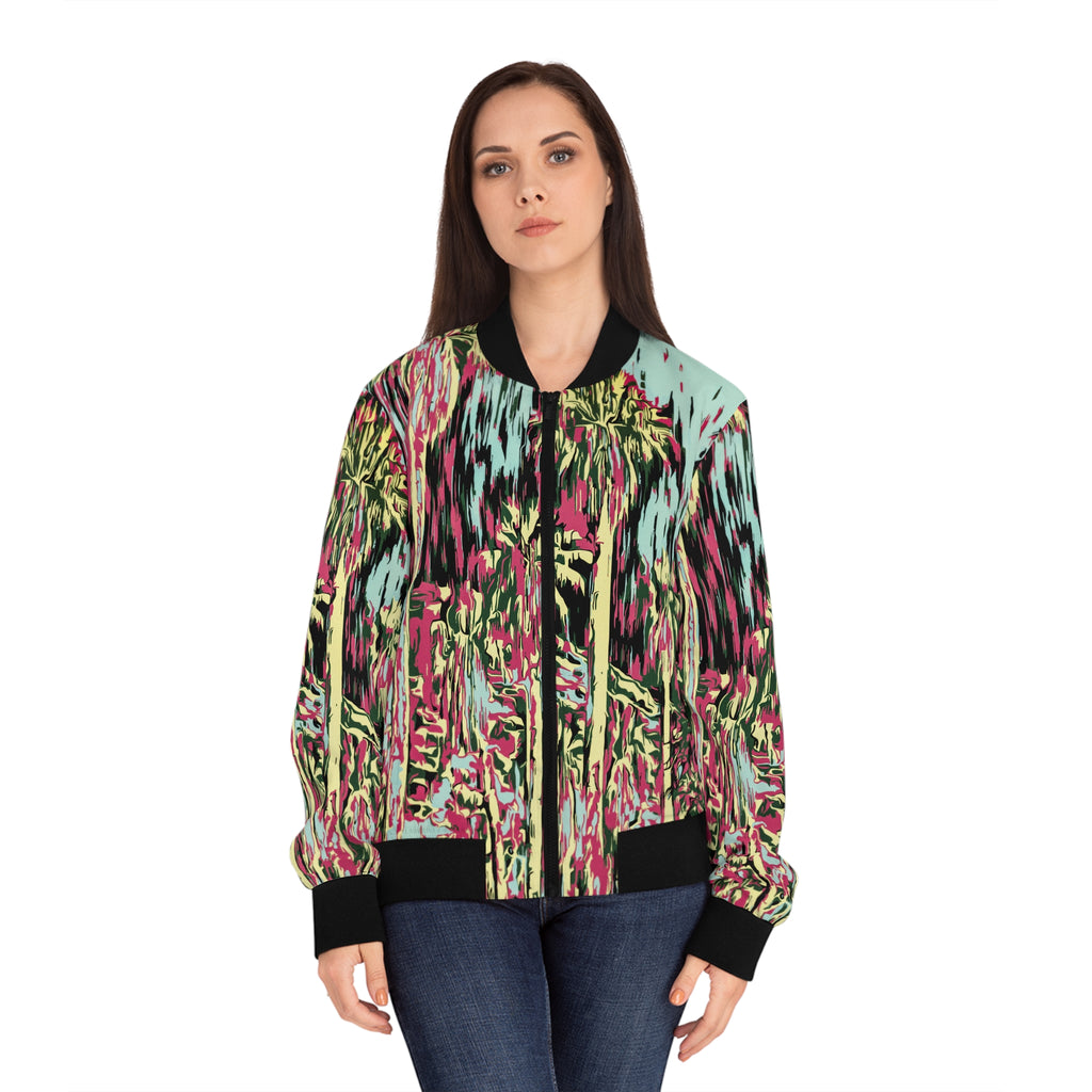 Women's bomber jacket with abstract palm print in pink and teal; front zip, ribbed cuffs