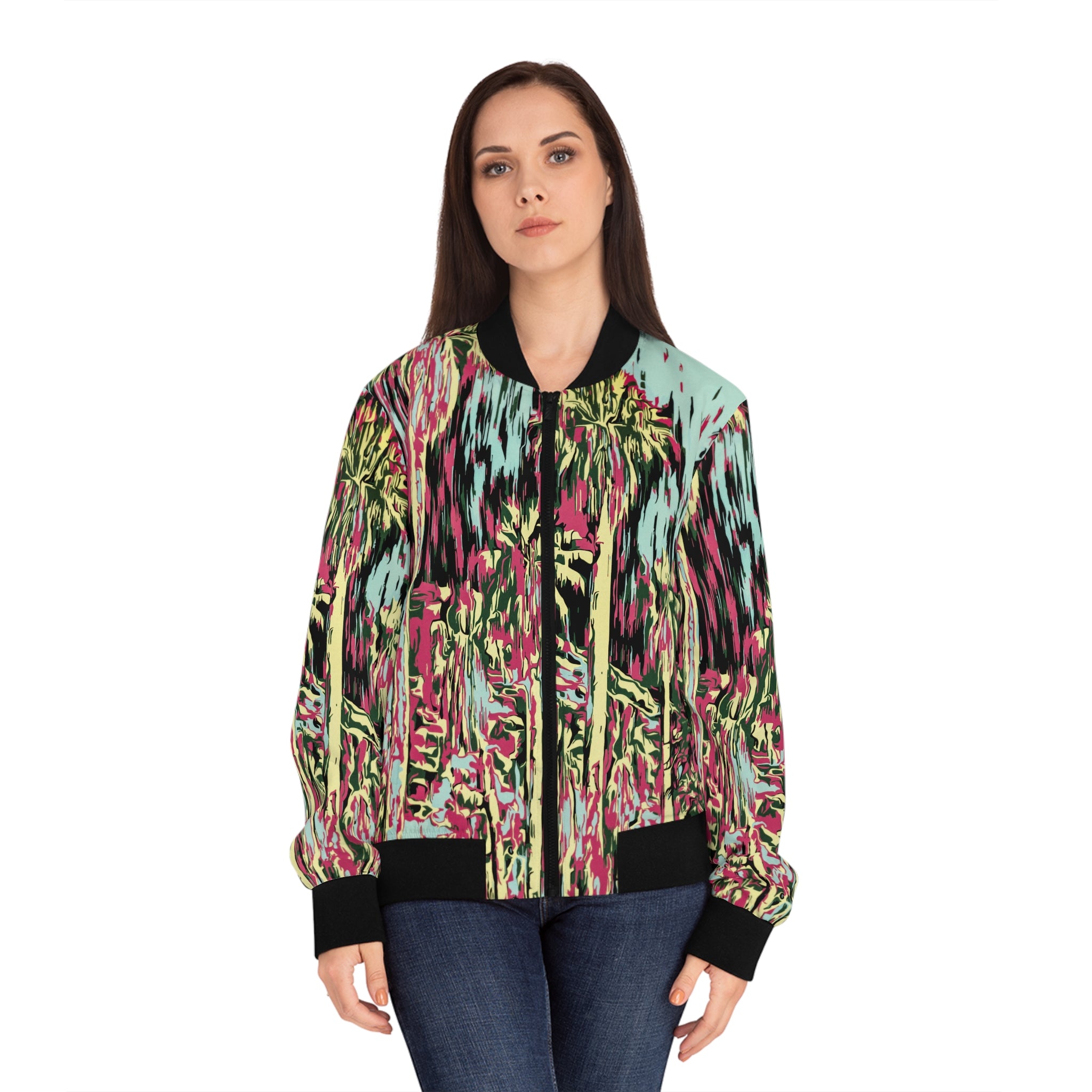 Women's bomber jacket with abstract palm print in pink and teal; front zip, ribbed cuffs