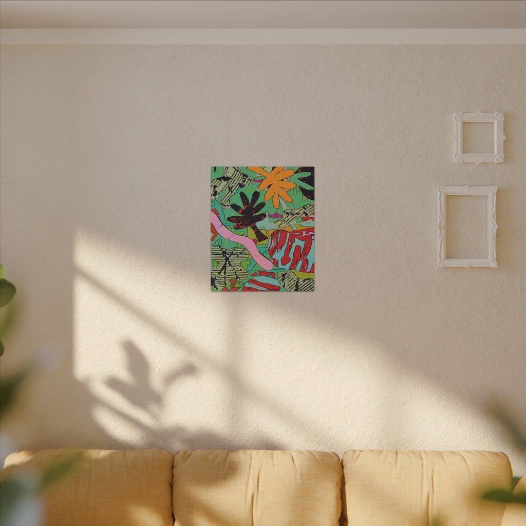 Square colorful botanical abstract canvas wall art with green, pink, and orange elements