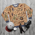 Tan sweatshirt with all-over tribal petroglyph pattern, crew neck, long sleeves, blue ribbed cuffs