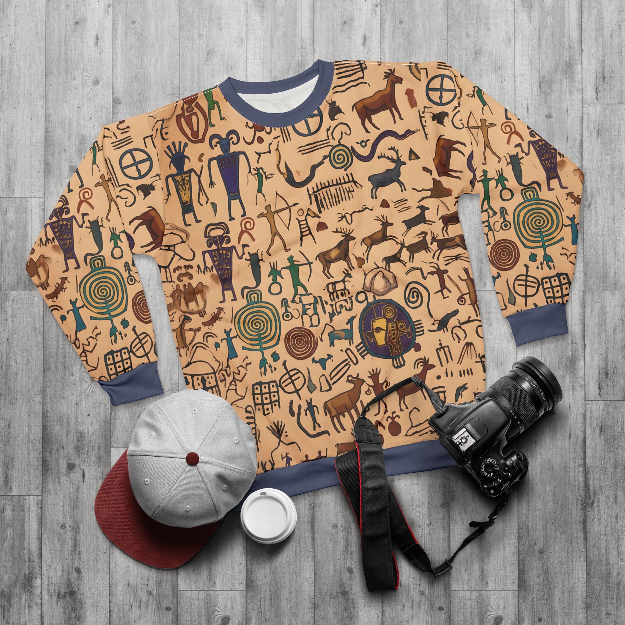 Tan sweatshirt with all-over tribal petroglyph pattern, crew neck, long sleeves, blue ribbed cuffs