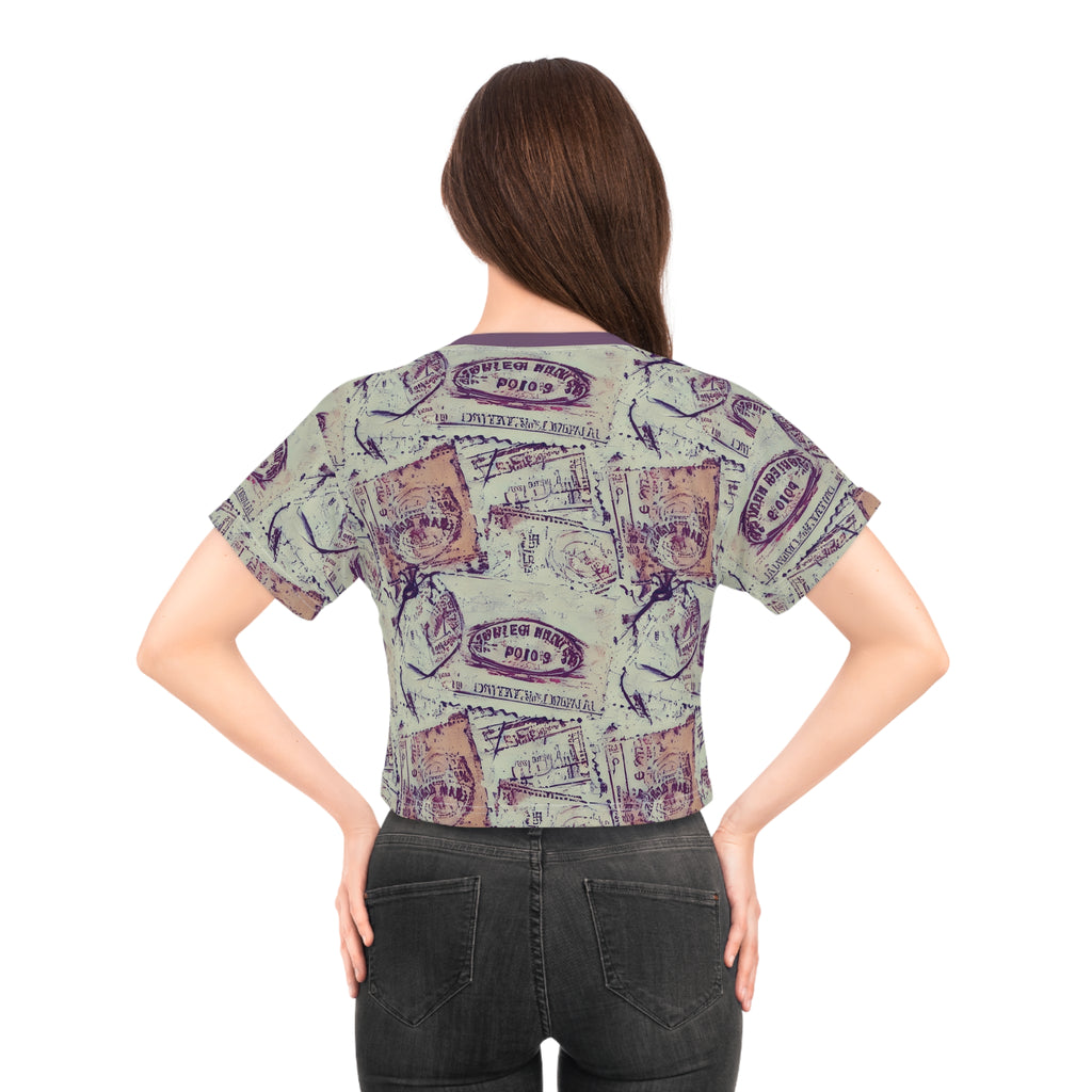 Vintage Stamp Pattern Crop Tee — Retro Postal All-Over-Print Top