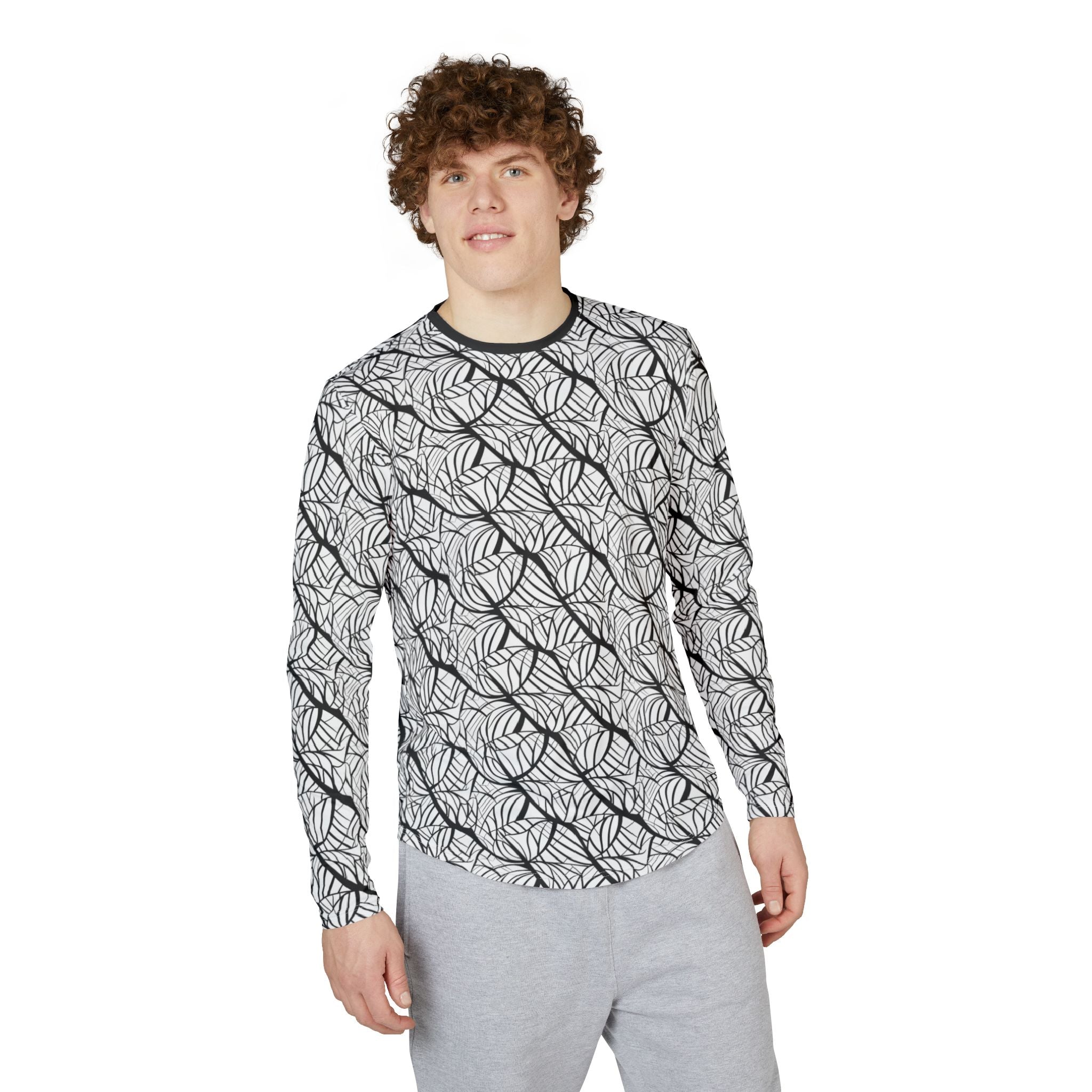 Men's UV Protection Long Sleeve Shirt — "UPF 50+"Monochrome Leaf Pattern Sun Shirt