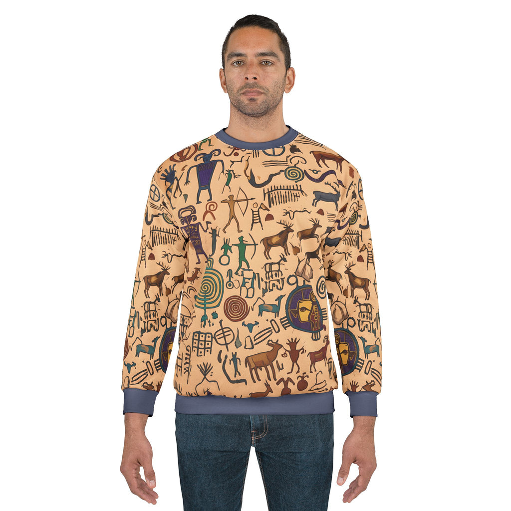 Tan petroglyph print sweatshirt worn, long sleeves, blue ribbed cuffs and hem