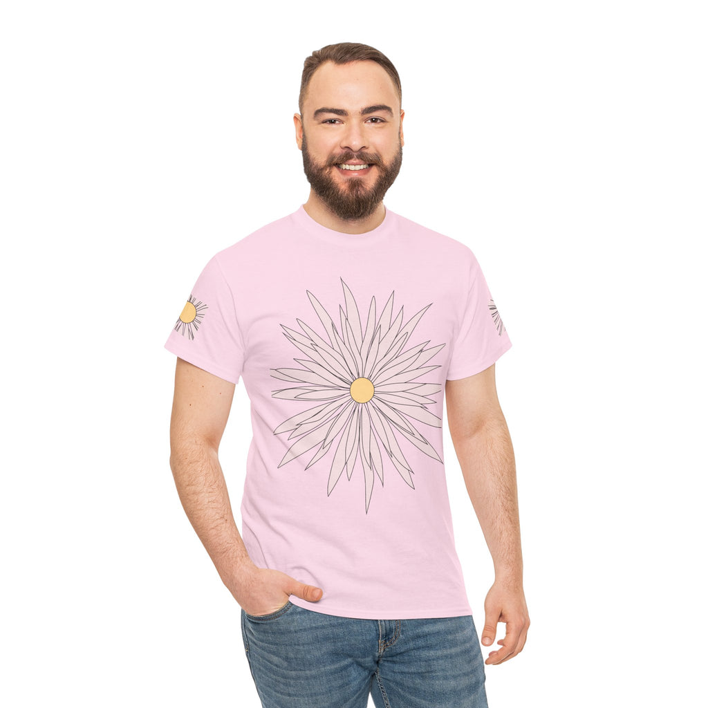 Light pink graphic tee featuring a large daisy flower front print and short sleeves