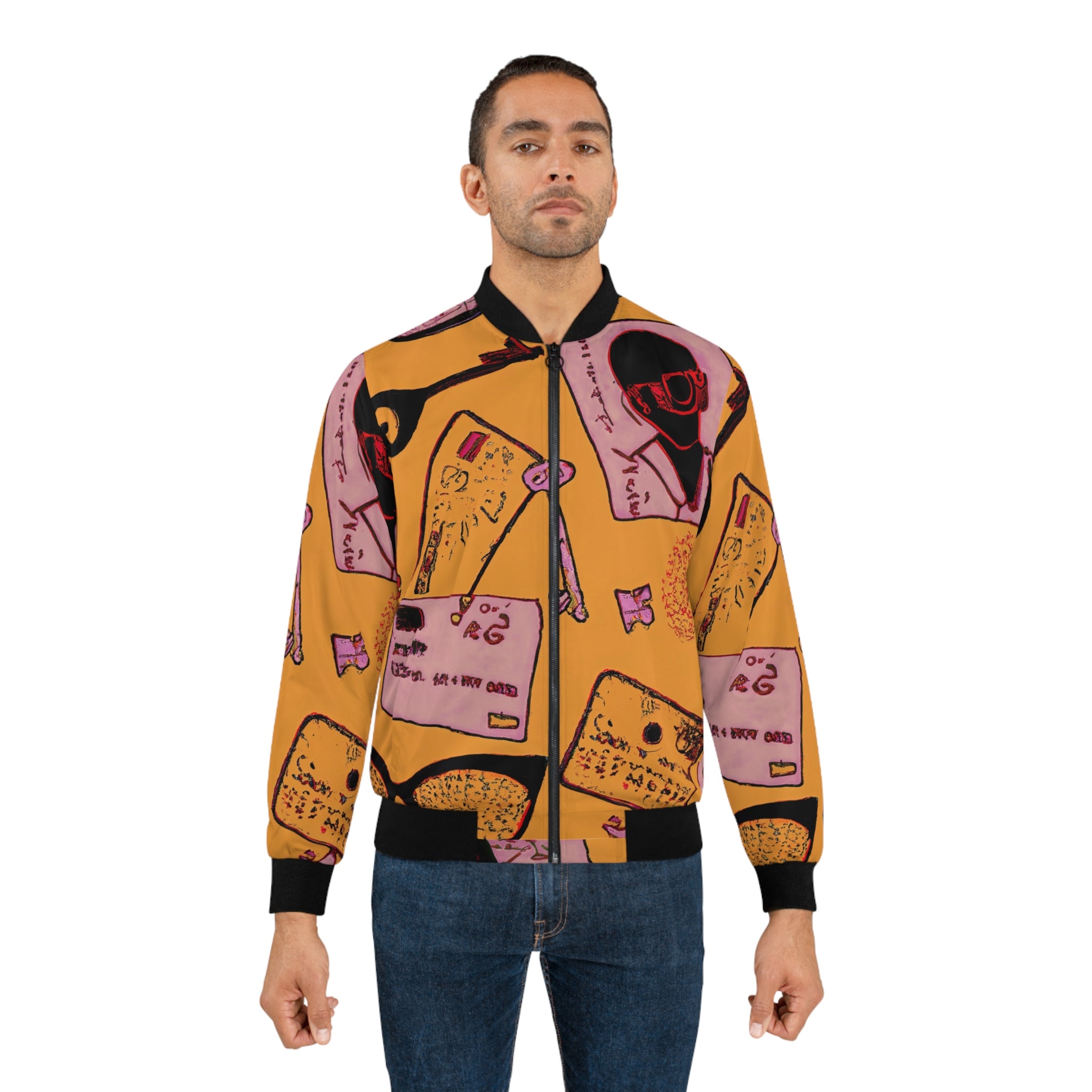 Graphic bomber jacket in yellow with black ribbed collar, cuffs, and full front zipper.
