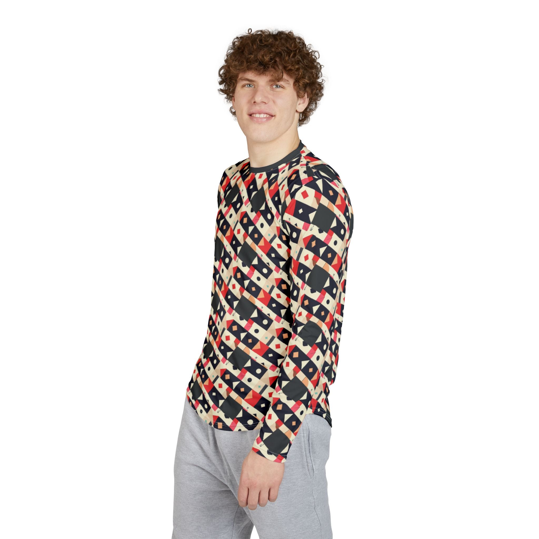 Men's Long Sleeve UV Shirt —  "UPF 50+" Retro Geometric Nautical Pattern