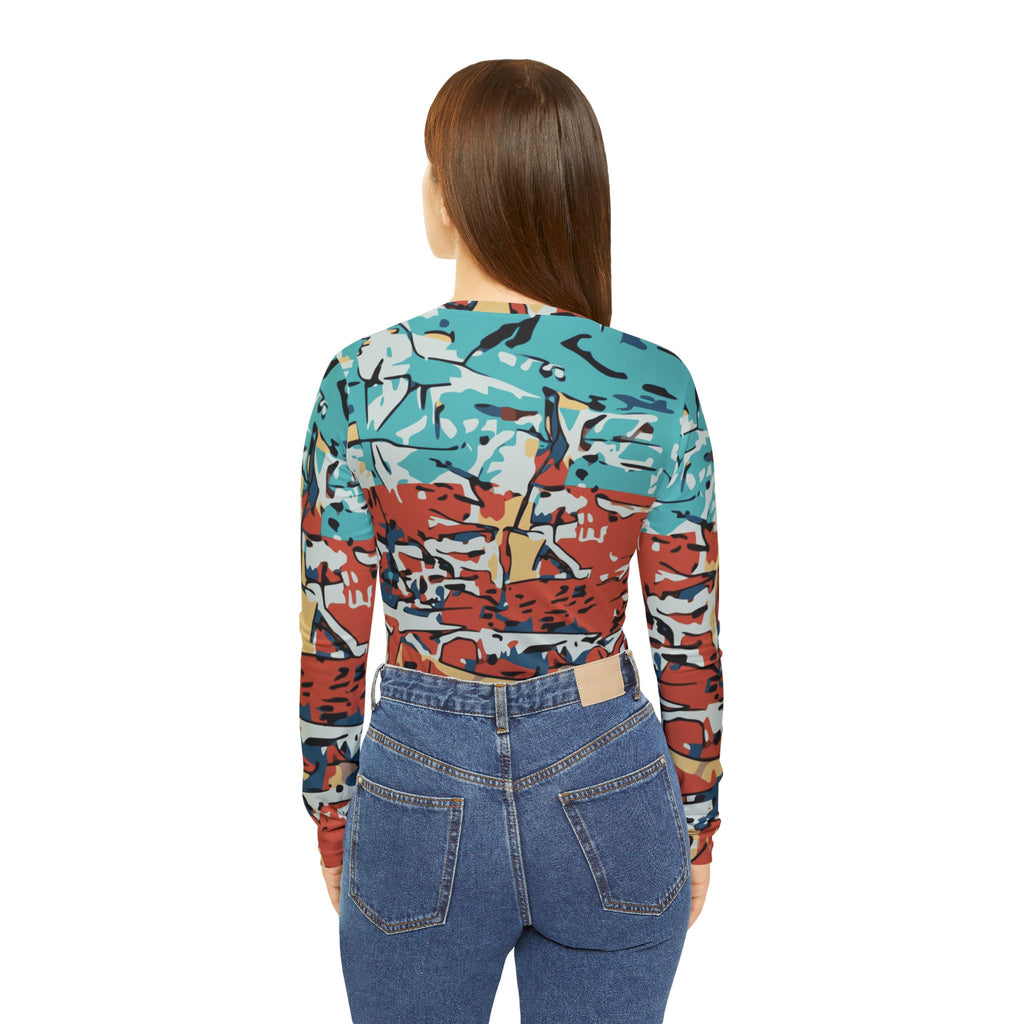 Back view of women’s V-neck long-sleeve abstract coastal print top with teal and red