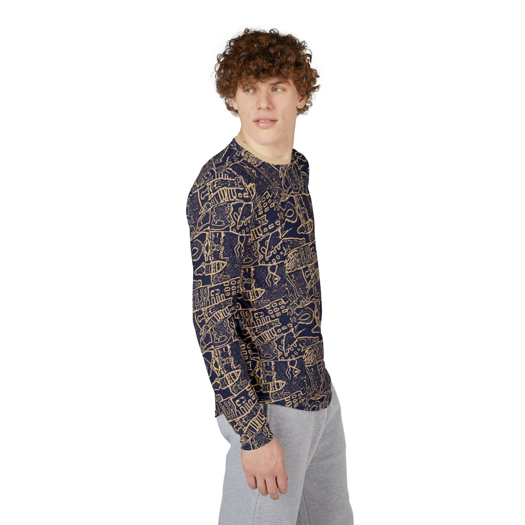 Men's UV Long Sleeve Shirt –  "UPF 50+" Navy Abstract Nautical Sketches AOP