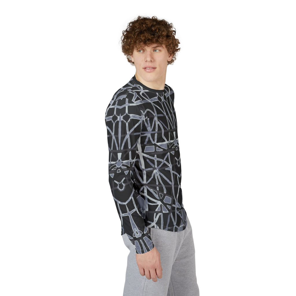 Men's long sleeve UV shirt, black with geometric line print, side profile on model.