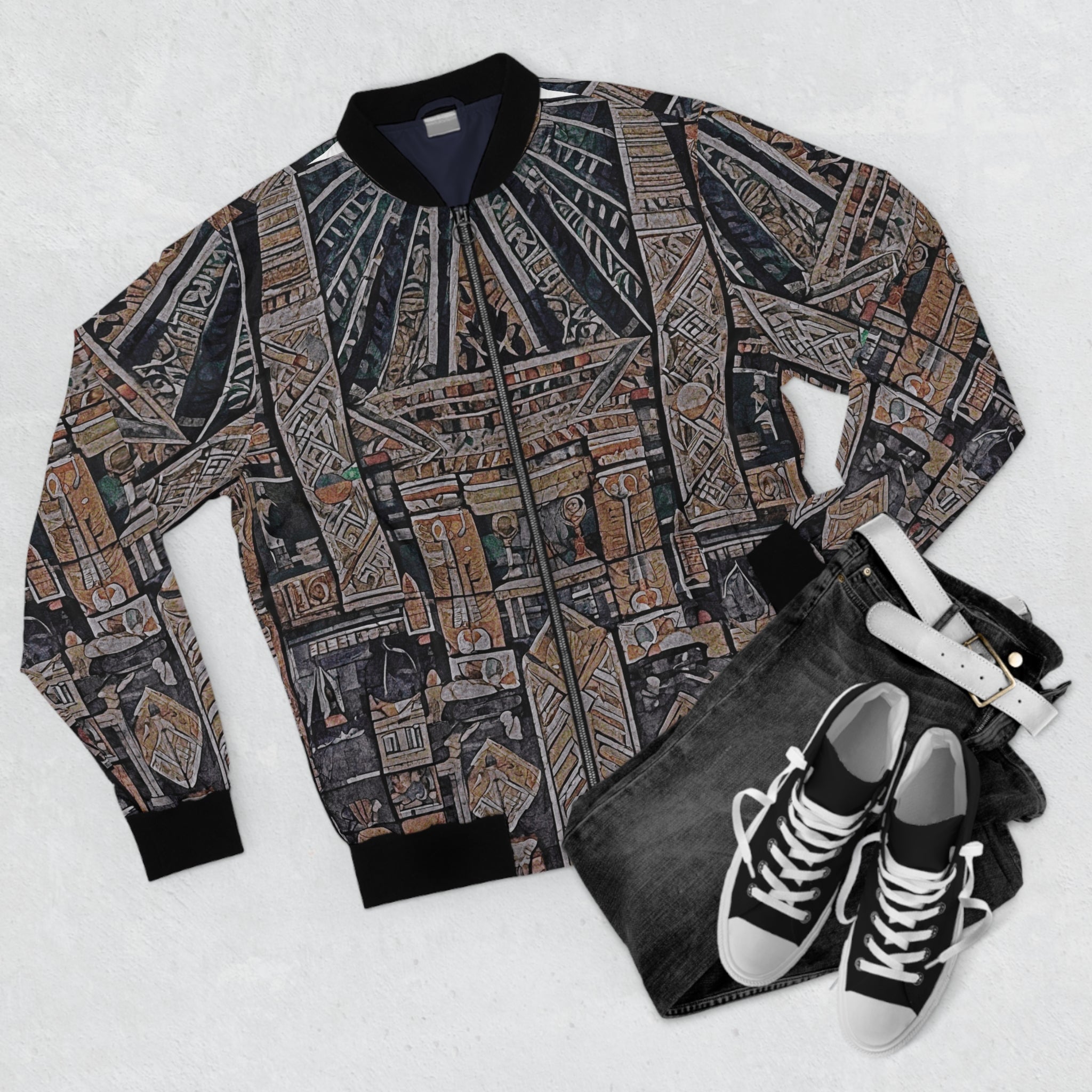 Egyptian Hieroglyph Pattern Bomber Jacket