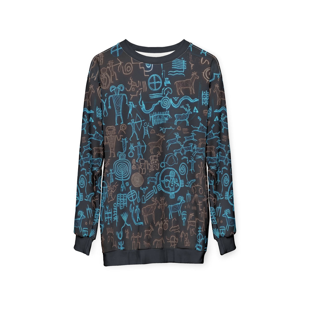 Petroglyph Pattern Sweatshirt — Blue Tribal Rock Art All-Over Print