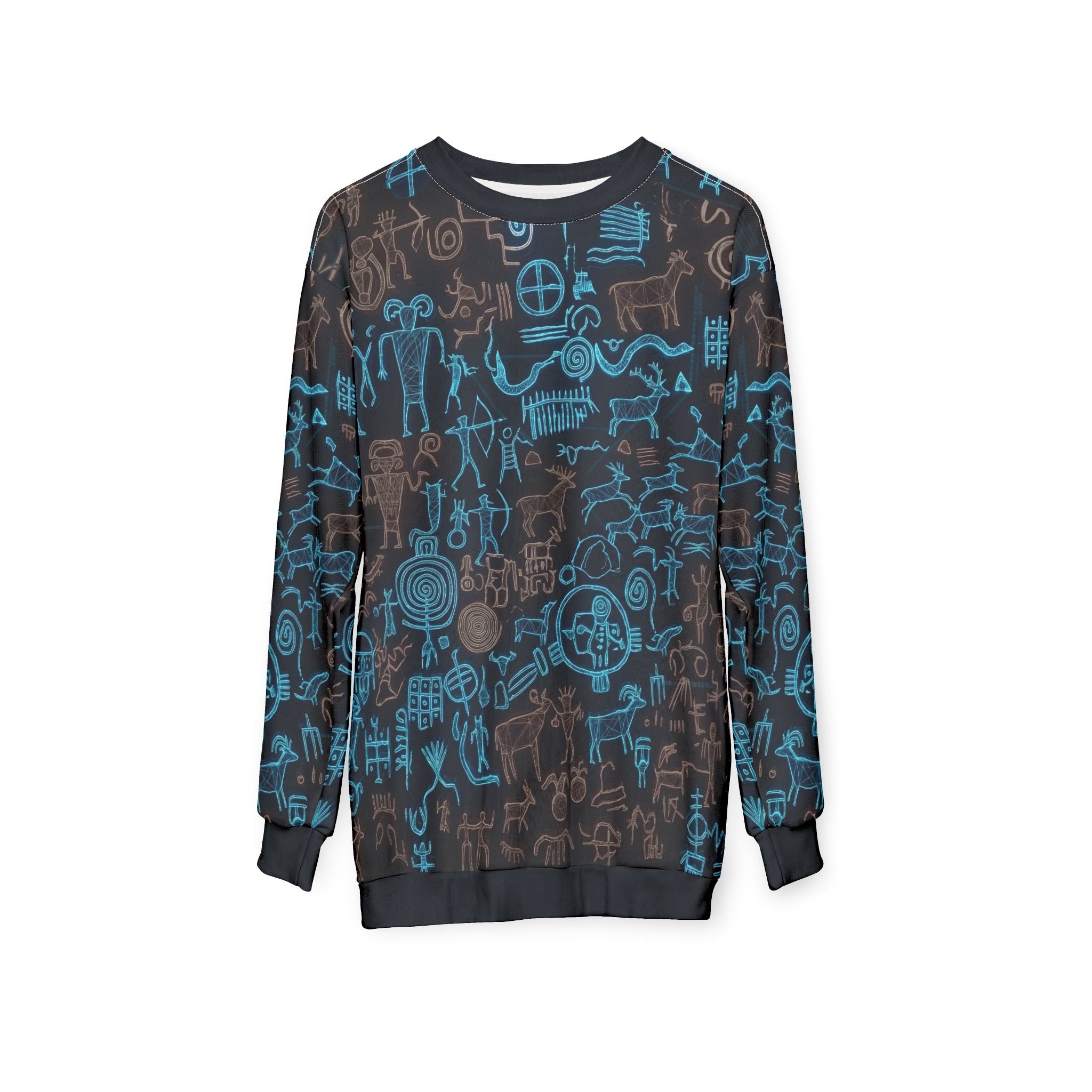 Petroglyph Pattern Sweatshirt — Blue Tribal Rock Art All-Over Print