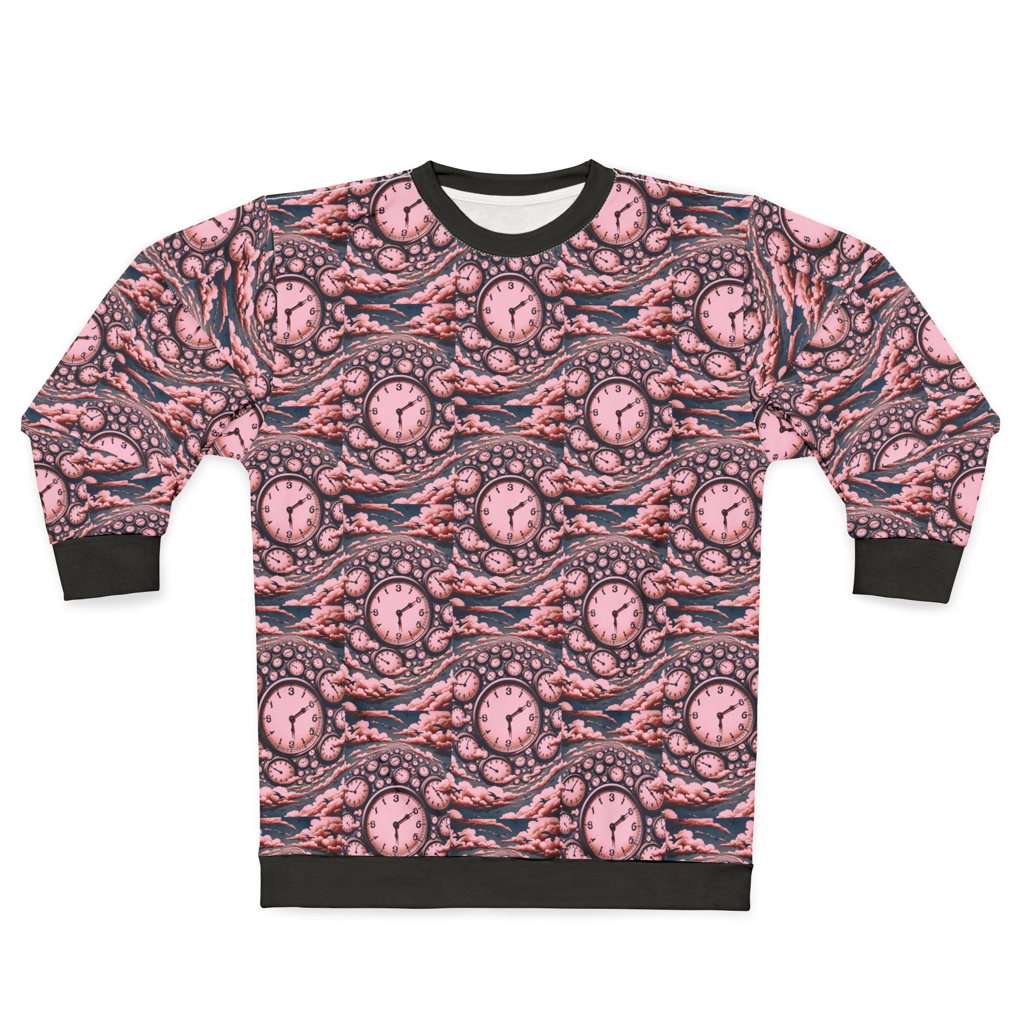 All-Over Print Sweatshirt — Surreal Pink Clockwave Pattern