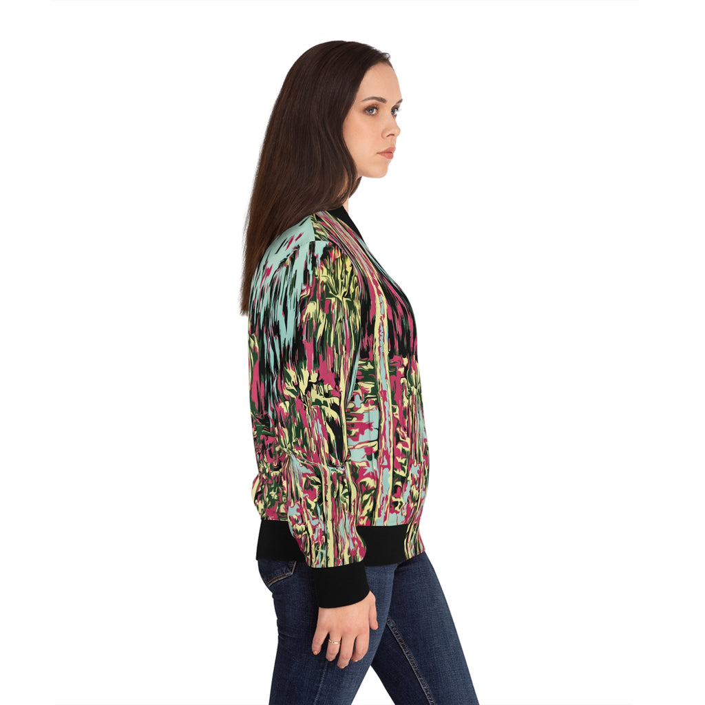 Women's bomber jacket side view with abstract palm print; pink, teal, and green with black cuffs