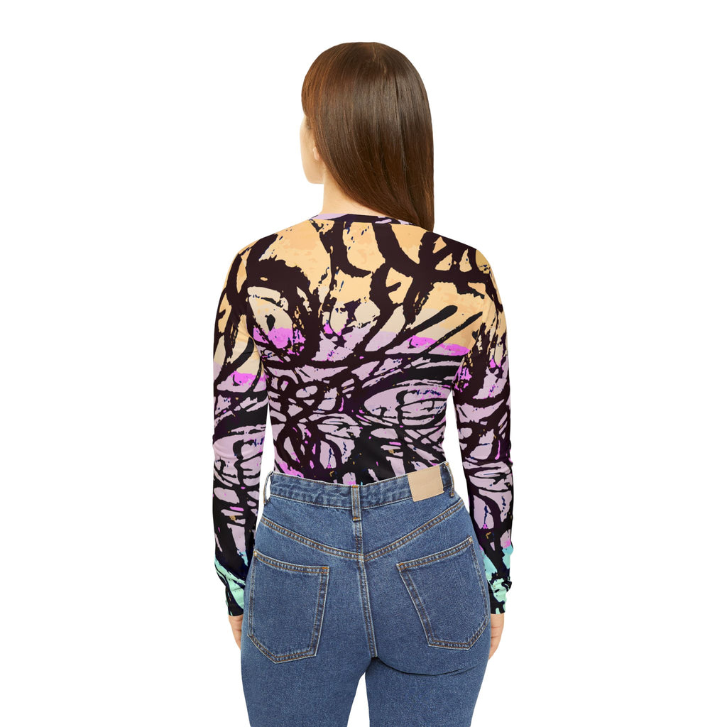 Women’s abstract back view v-neck long-sleeve shirt with purple and teal all-over print