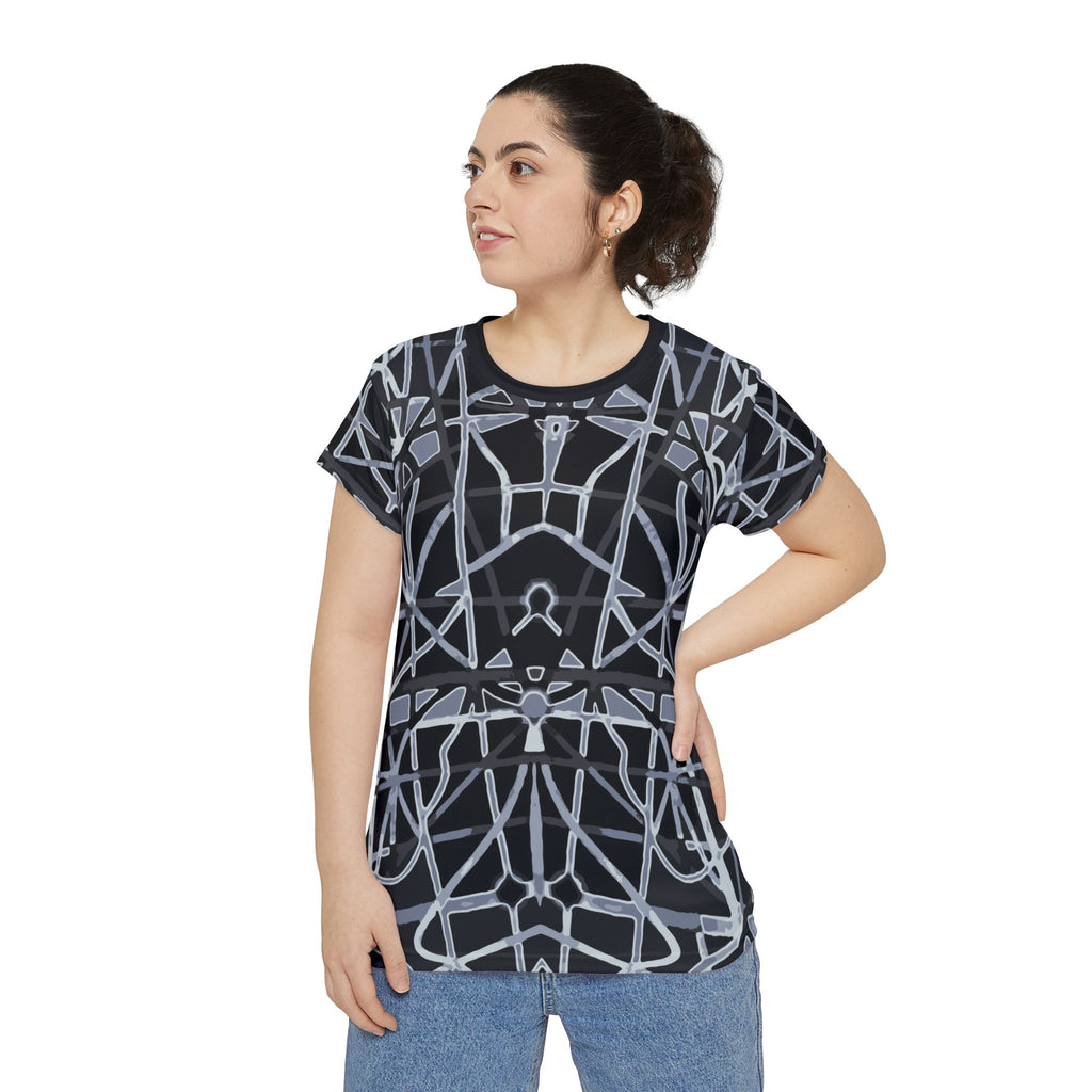 Women's Short Sleeve Shirt — Abstract Geometric Black & Gray All-Over Print