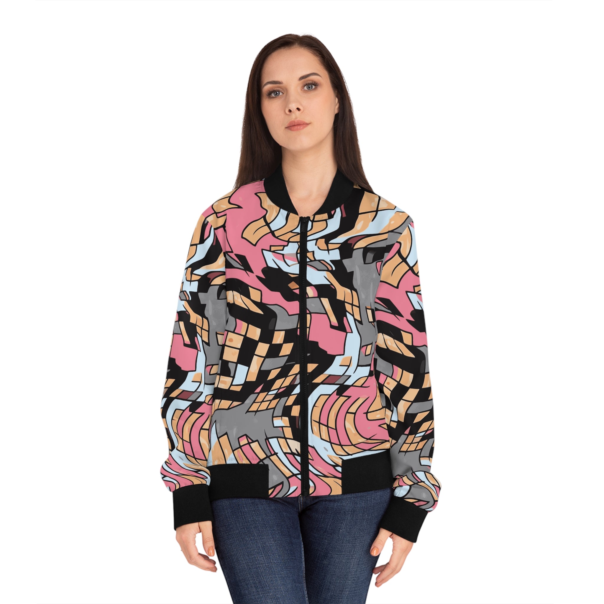 Women’s bomber jacket with abstract wave pattern and full-length zipper, black trim