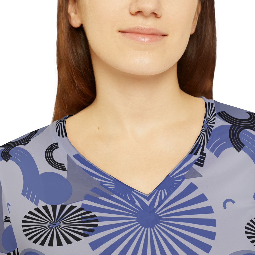 Women's V-neck long-sleeve shirt with blue geometric print detail at the neckline