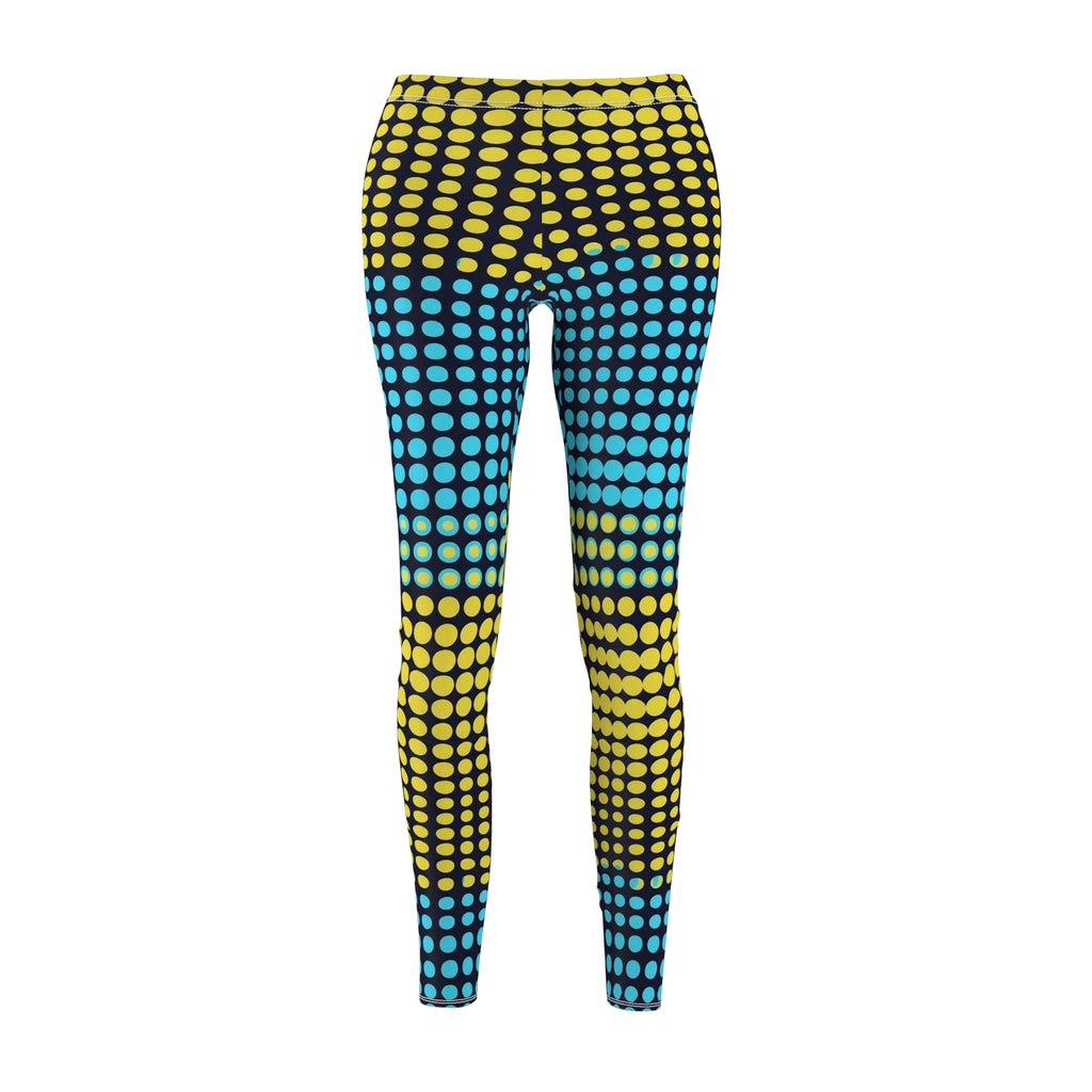 Full-length leggings front view with yellow and teal halftone dot print