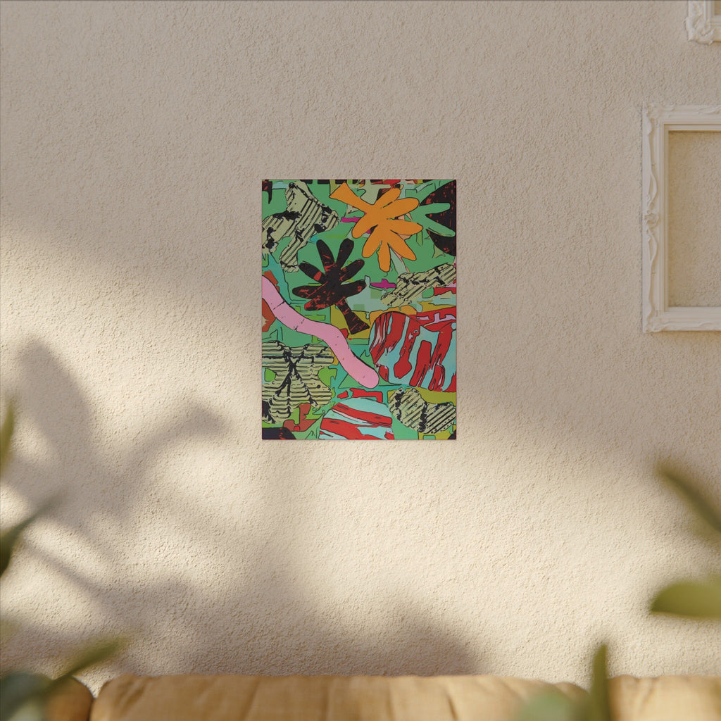 Square colorful botanical abstract canvas wall art with green, pink, red, and orange shapes