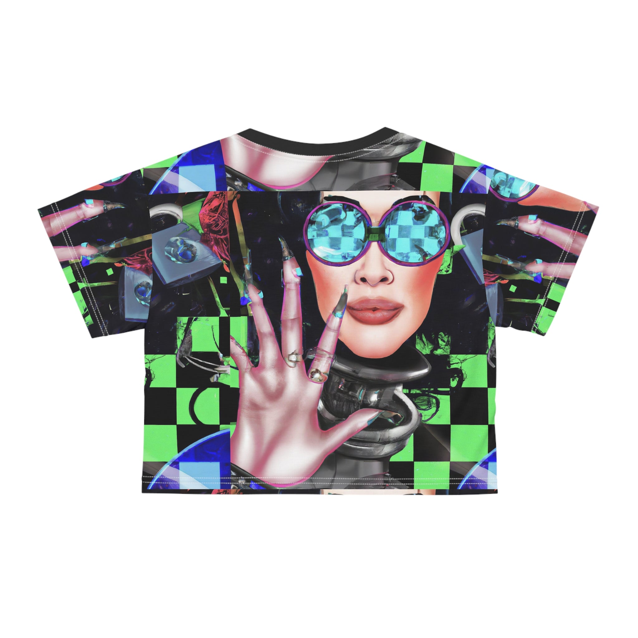 Futuristic Neon Checkerboard Crop Tee — Retro Cyber Sunglasses Graphic