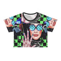 Futuristic Neon Checkerboard Crop Tee — Retro Cyber Sunglasses Graphic