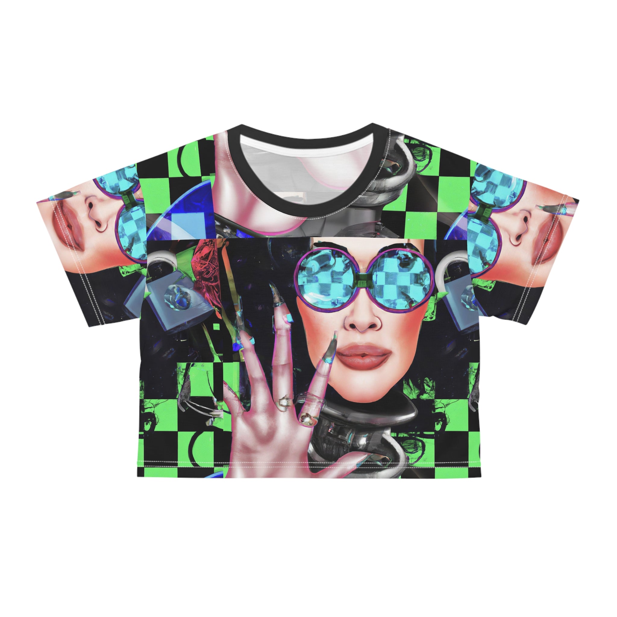 Futuristic Neon Checkerboard Crop Tee — Retro Cyber Sunglasses Graphic