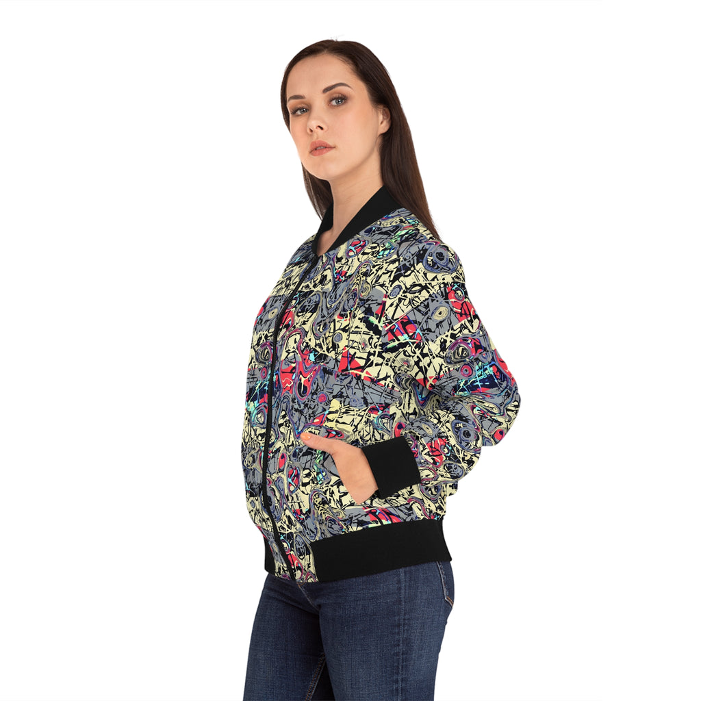 Graffiti bomber jacket with black stand collar, all-over print, full sleeves